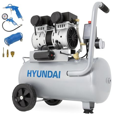 HYUNDAI Silent Kompressor SAC15024 SET | 24L Kessel | 1.5kW (2PS), 9bar | 202 L/Min Ansaugleistung | Luftkompressor leise, ölfrei | 1 Anschluss | geräuscharmer Flüsterkompressor | mit Zubehör