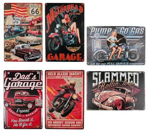 Rongxze Juego de 6 carteles de metal vintage (20 x 30 cm), estilo retro, decoración de pared para garaje, taller, bar, arte de pared clásico automotriz