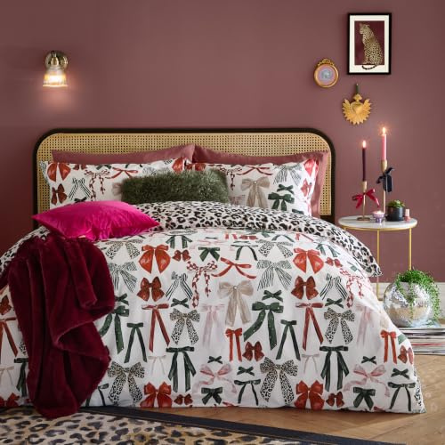 furn. Mila Bows Duvet Cover Set (Leopard - King) | Reversible Leopard Print Bow Easy Care Polycotton No Iron Bedding