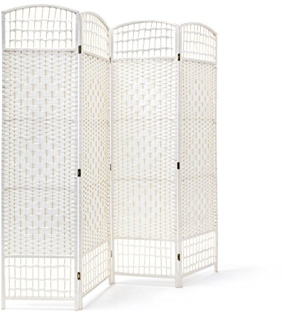 Relaxdays Paravent H x B x T: 179 x 180 x 2 cm faltbarer Raumteiler und Spanische Wand mit Streben aus Bambus als Sichtschutz bestehend aus 4 Elementen als blickdichter Raumtrenner aus Holz, weiß