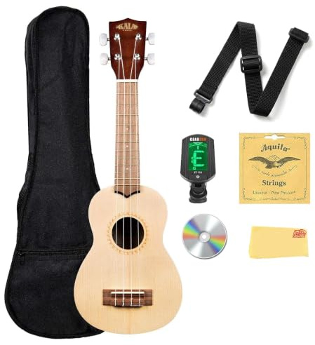 Kala kaa-15s Limited Edition Satin Mahagoni Sopran-Ukulele mit Rosette Paket mit Gigbag, Stimmgerät, und Reinigungstuch Fichte