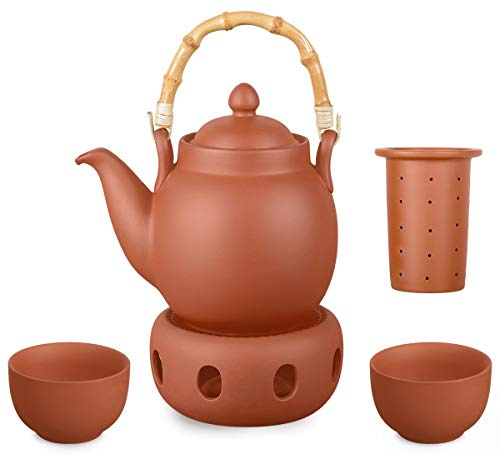 Aricola Ton Teeservice Tenno 4-teilig. Bestehend aus Ton Teekanne 1,1 Liter, Stövchen und 2 Tontassen. Handgefertigt, Original