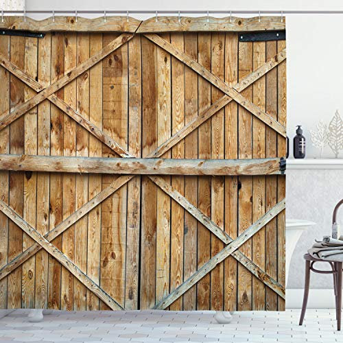 ABAKUHAUS Rustikal Duschvorhang, Holz-Holz-Tür Plank, Stoffliches Gewebe Badezimmerdekorationsset mit Haken, 175 x 200 cm, Braun