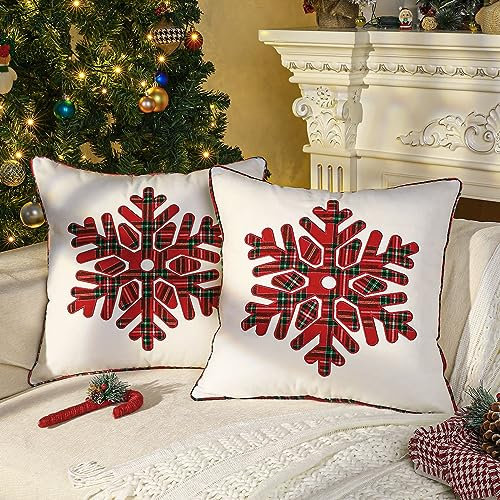 Lewondr Weihnachten Kissenbezüge 45 * 45cm Satz von 2, Schneeflocke Bestickt Gemütliche Leinwand Platz Dekorative Kissenbezug rot kariert Kissenbezüge für Urlaub Sofa Schlafzimmer Wohnzimmer Auto