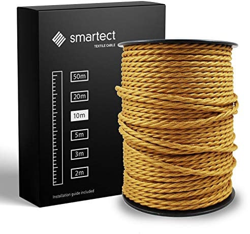smartect Cavo Elettrico Tessile intrecciato Oro, 10 Metri Filo Elettrico Vintage, Tripolare (3 x 0.75mm²) Cavo Elettrico Rivestito in Tessuto per Fai da Te