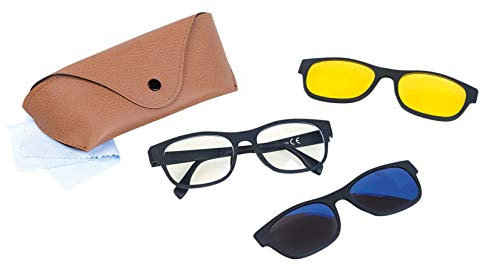 PEARL Brille mit Sonnenclip: 3in1-Bildschirm-Brille mit magnetischem Sonnen- und Nachtsicht-Aufsatz (Brille mit Magnet Sonnenclip, Computerbrillen, Aufsteck Sonnenbrille)