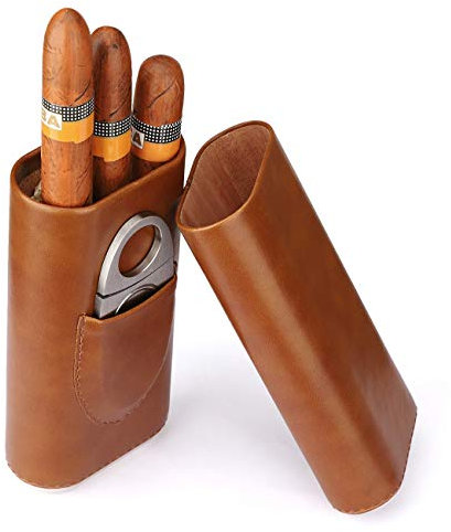 TWRmbo - Estuche de viaje para cigarros de 3 dedos, elegante estuche de cuero con cortador de cigarros forrado de madera de cedro