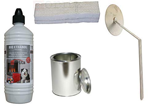 Moritz Starter Set 1 x 1000 ml Bio Ethanol + 1x Blechdose 250 ml mit Deckel + 1x Watte/Keramikwolle + 1x Flammenkiller für Brenner Kamin Ofen Sicherheitsbrenner Brennpaste