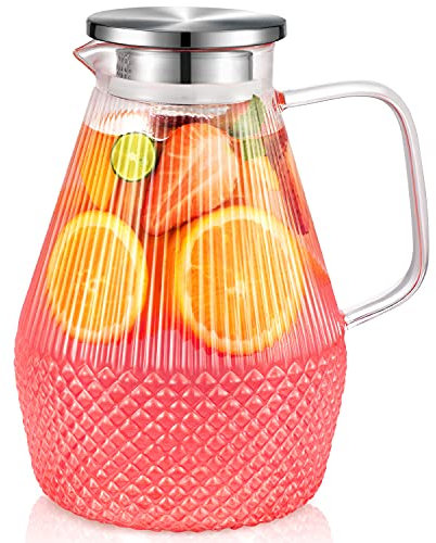 Wasserkaraffe, veecom Glaskaraffe mit Deckel 2.4L Karaffe, Glaskrug mit Deckel, Borosilikatglas Wasserkrug Glaskanne für Eistee, Wasserkanne Glaskrug Hitzebeständig für Wasser, Getränke Transparent