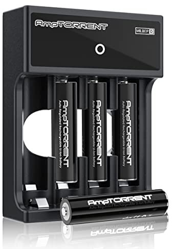 AmpTORRENT Rechargeable AAA Batteries with Charger, 1.5V, 1100mWh, 4 Pack + USB Charger, 1200 Cycles, Black