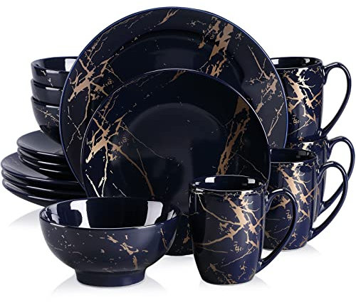 LOVECASA 'Daphne', 32 Pieces Porcelain Dinner Set Color Glaze with Gold Plate Crockery Set Kitchen Dinnerware Set with Dinner Plates, Dessert Plate, Bowls and Mugs, Service for 8, Blue