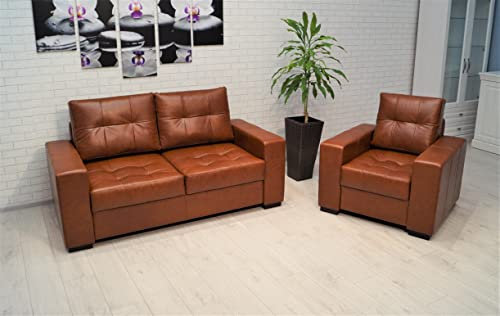 Quattro Meble Echtleder Sofagarnitur Mallorca Pik Extra 2 er 150cm + Sessel Ledersofa Echt Leder Couchgarnitur Möbel Set Leder Antique Tabac
