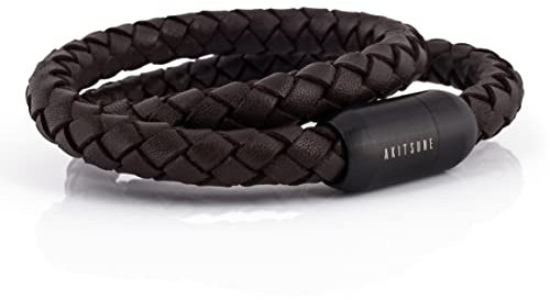 Akitsune Navis Segeltau Lederarmband | 8mm breit | Magnetischer Kapselverschluss Doppelt Gewickelt Damen Herren Maritim - Mattschwarz - Braun 37 cm