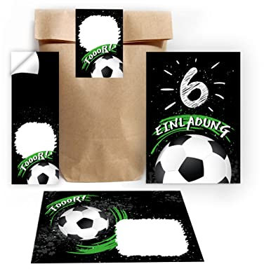 12 Einladungskarten zum 6. Kindergeburtstag sechste Geburtstag Jungen Fussball Fußball incl. 12 Umschläge, 12 Tüten/natur, 12 Aufkleber