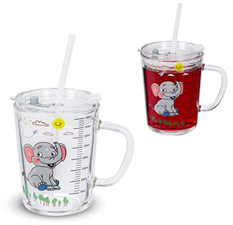 Relaxdays Set de 2 Vasos Infantiles, Diseño Elefante, Jarrita Agua Niños, con Asa, Tapa y Pajita, 400 ml, Transparente