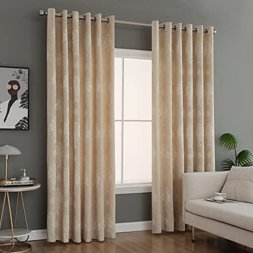 PRIME LINENS Curtain for Living Room Ring Top Jacquard Fully Lined Modern Panels Eyelet Curtain for Bedroom Window with 2 Free Tie Backs (Beige, W 90 x L 90)