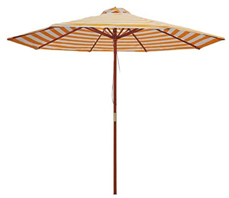 NJN Sombrilla de playa de madera con rayas amarillas y blancas, sombrilla de poste central de madera for exteriores con cuerda de tracción, patio de jardín con poste de madera maciza, 8.85 pies