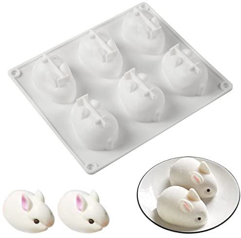 ZEACCT 6-Hohlraum Silikonform Kaninchen, 3D Hase Form, Antihaft, Osterhasenform, Silikonform für Mousse, Kuchen, Pudding, Gelee, Dessert, Fondant, Käsekuchen, Seife, Eiswürfelschale, Weiß