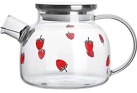 Tetera de vidrio con patrones de fresa, tetera de vidrio con calor, 1 ud.