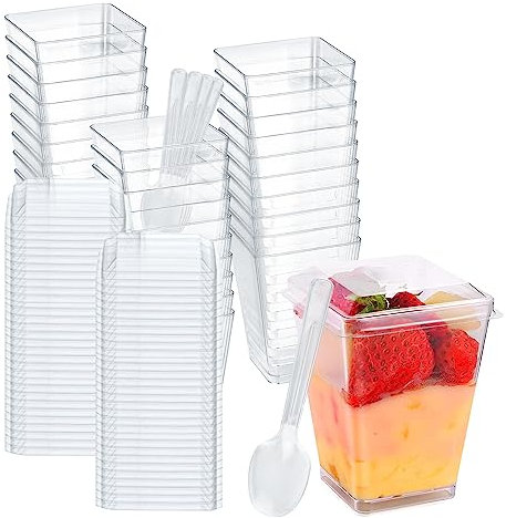 CYNNXIA 50 Pcs Dessert Cups with Lids and Spoons, 5oz/150ml Dessert Square Cups Mini Plastic Dessert Cups Clear Appetizer Cups Reusable Serving Dessert Bowl for Parfait Desserts Pudding Yogurt Snacks