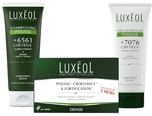 LUXÉOL - Pack 3 Produits Cheveux - Complément Alimentaire Pousse, Croissance & Fortification 90 Gélules (3 Mois) + Shampooing & Après-Shampooing 200ml - Fabriqués en France