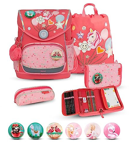Belmil Premium Compact Plus ergonomisches Schulranzen Set 5 - teilig, AGR, Brustgurt, Hüftgurt, Magnetverschluss (405-41/P/S) (Rose Quartz)