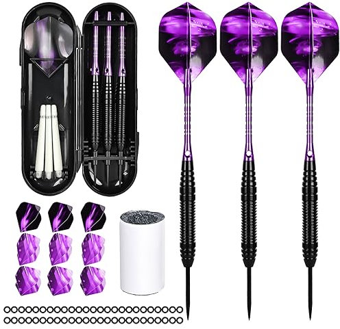 Acboor Dartpfeile, Dartpfeile Metallspitze 3 Stück Profi Steeldarts Steel Dartpfeile Set 3 Aluminium Schaft mit 9 Flights 50 Anti-Lose Gummiringe und 1 Dart Tool Sharpener(Lila)