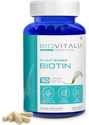 BIOVITALIA Plant Based Biotin Capsules Hair Vitamin B7 Supplement Helps Promote Hair & Nail Support Skin Health Enriched with Bamboo Extract & Vitamin C for Women Men - 60 Capsule