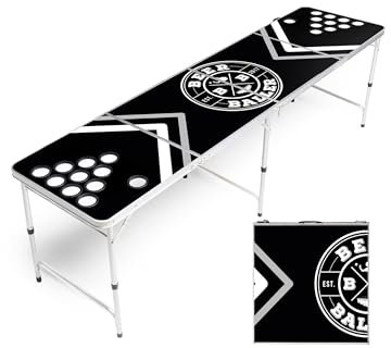 BeerBaller® Allblack Beer Pong Tisch | Kratzfeste Oberfläche | Klappbarer Bierpong Tisch mit Bällehalter & 6 Bier Pong Bälle | Bierpong Tische (Silberner Rahmen - mit Cupholder)