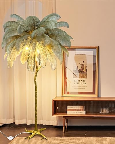 KOSHSH Stehlampe Federn Wohnzimmer, Federlampe Stehlampe LED Dimmbar Große Feder Lampe Mit Goldener Lampenmast Aus Harz,170cm Straußenfedern Stehlampen Hoch Schlafzimmerdekoration(Kamel) (Brown)