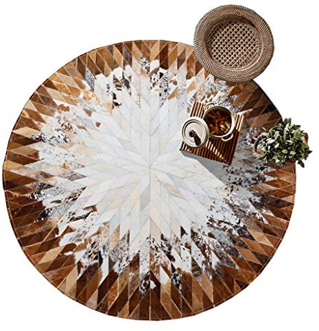 Teppich, runder Rindsleder-Teppich, handgefertigter Kuhfell-Patchwork-Teppich – Wohnzimmer-Echtleder-Teppich, Arbeitszimmer, Büro, rutschfeste Unterlage (100/120/150 cm) (#1 Durchmesser 100 cm)