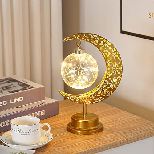 YeahBoom LED Ramadan Lichter Mondlampe,Eisen Ramadan Halbmond Lampe,Mond Stern Eid Lichter,LED Eisen Mond Stern Eid Lichter,Ramadan Halbmond Lampe,Muslim Islam Tischdekoration Lampe,Eid Lichter