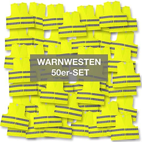 4business 50 x Qualitäts Kfz Warnweste gelb EN ISO 20471 Klasse 2 für Erwachsene Unisize TÜV-geprüft waschbar