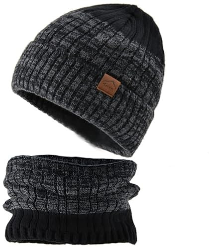 OLACD Bonnet d'hiver unisexe avec cache-cou, bonnet épais, noir, Noir , 6-8