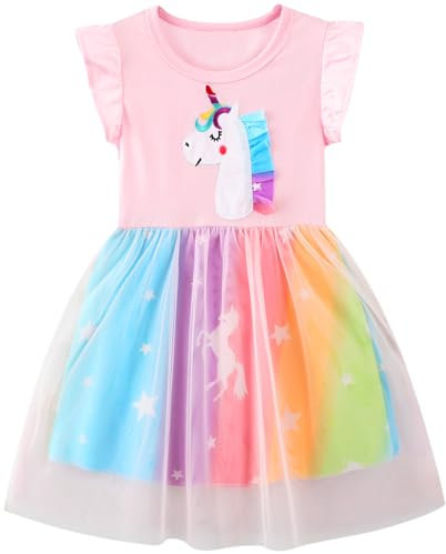 JinBei Fille Robes Elegante en Coton sans Manche Simple Robe Licorne Animal Etoile Ete Ecole Rose Enfant Princesse Arc-en-Ciel Tulle Casual T-Shirt Occasionnel Vêtements 4-5 Ans