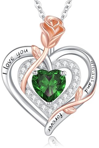 LAVUMO Collier Femme argent Sterling 925 Pendentif Coeur Rose Fleur Pierre Naissance Bijoux Cadeau Anniversaire Femme Copine Maman Cadeau Noël Saint Valentin Fête des Mères