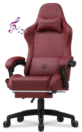 GTPLAYER Chaise Gaming, Fauteuil Gamer Ergonomique avec Haut-Parleur Bluetooth, Siège Pivotante avec Accoudoirs Synchronisés et Repose-Pieds (vin Rouge)
