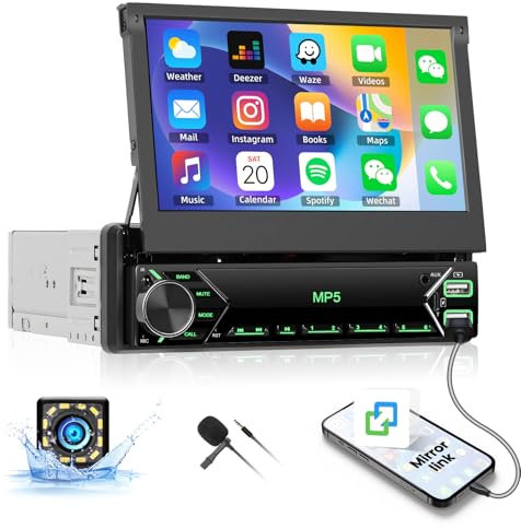 Single Din Touchscreen Car Stereo 7 Inch Flip Out Touchscreen Bluetooth 1 Din Car Radio Receiver, TF/USB, FM Radio,Mirror Link,SWC,External Microphone+Rear Camera