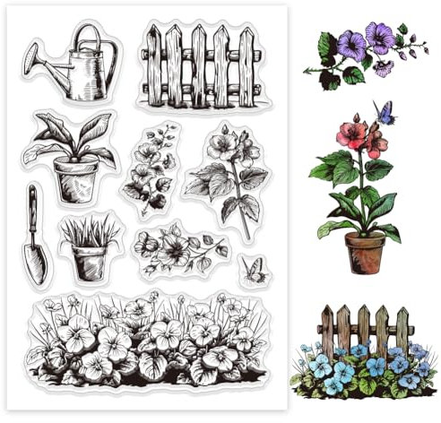 GLOBLELAND Blumentopf Clear Stempels Schaufel Gießkanne Holzzaun Blumen Silikon Clear Stempel Siegel Blumenbusch Pflanzen Gartenarbeit Transparente Stempel Für DIY Kartenherstellung