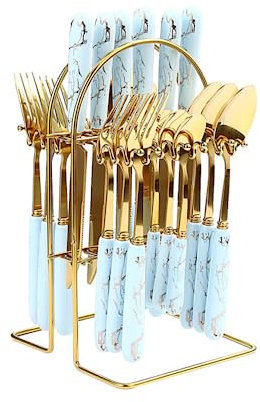 Ensemble de couverts, ensemble de couverts en acier inoxydable, plastique transparent, cuillère, couteau et fourchette, 24 pièces, manche en céramique