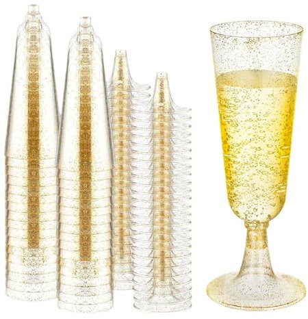 30 Pcs Clear Champagne Flutes 5 OZ Plastic Glitter Champagne Flutes Reusable Stemmed Party Wine Cups Crystal Wine Cocktail Cups for Garden Wedding Birthday Anniversary Party (Gold)