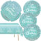 Teal & Silver Party Decor - 41pc Set: 20 Dessert Plates, 20 Napkins, Tablecloth for Blue & Silver Glitter Parties