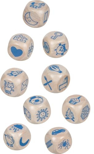 goki 56307 - Geschichtenwürfel aus Holz in Blechdose, Kreatives Erzählspiel und Förderung der Sprachentwicklung, Story Cubes, Endlose Spielmöglichkeiten für Kinder, 9-er Set, ab 6 Jahr