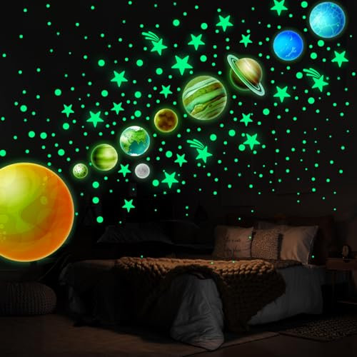 GIKPAX Mehrfarbige Cosmic Wandaufkleber, Im Dunkeln Leuchtende Sterne und Planeten, 444 Stück PVC Aufkleber, Ideal für Kinderzimmer und Schlafzimmer