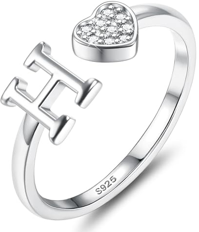 JeweBella Herz Ring Silber 925 Damen mit Buchstaben A-Z Verstellbar | Engagement Promise Ring,Stapeln Daumenring.Fingerring,Eheringe,Verlobungsring, Initiale Ringe Frauen Mädchen mit Box