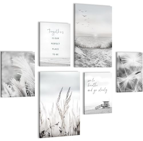 Novart Wandbilder Strand Meer Boho - KOMPLETT AUFHÄNGFERTIG - Grau Wohnzimmer Schlafzimmer Flur - 6 Moderne Mood-Bilder - N033867b