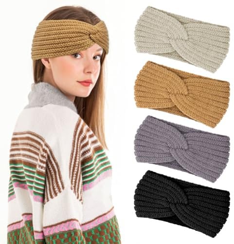 LOPHE 4 Pcs Winter Headbands, Women Ear Warmers Knitted Headbands, Thermal Twist Headbands, Comfy Soft Winter Head Wrap, Cable Knit Headbands for Women Girl Sports Skiing Running