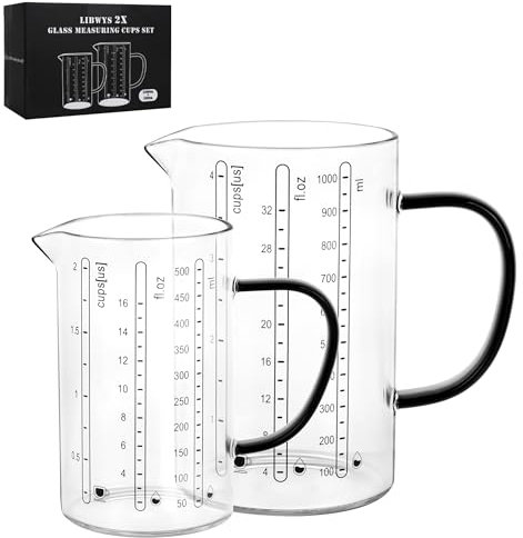 LIBWYS Taza medidora de vidrio, 1000 ml + 500 ml con almohadilla de silicona antideslizante, taza medidora líquida de vidrio de borosilicato resistente al calor