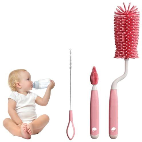 3 pièces Brosse Biberon Bébé, Goupillon Silicone pour Nettoyage Biberon, Tétine Compatible Toutes Tailles (rose)