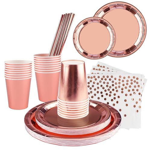 Vajilla de Fiesta, Shodiffy 150 Piezas Platos y Vasos para Cumpleaños, Reutilizable Platos de Papel Servilletas de Vasos Pajitas para Fiestas, Bodas, Aniversarios para 25 Invitados (Oro Rosa)